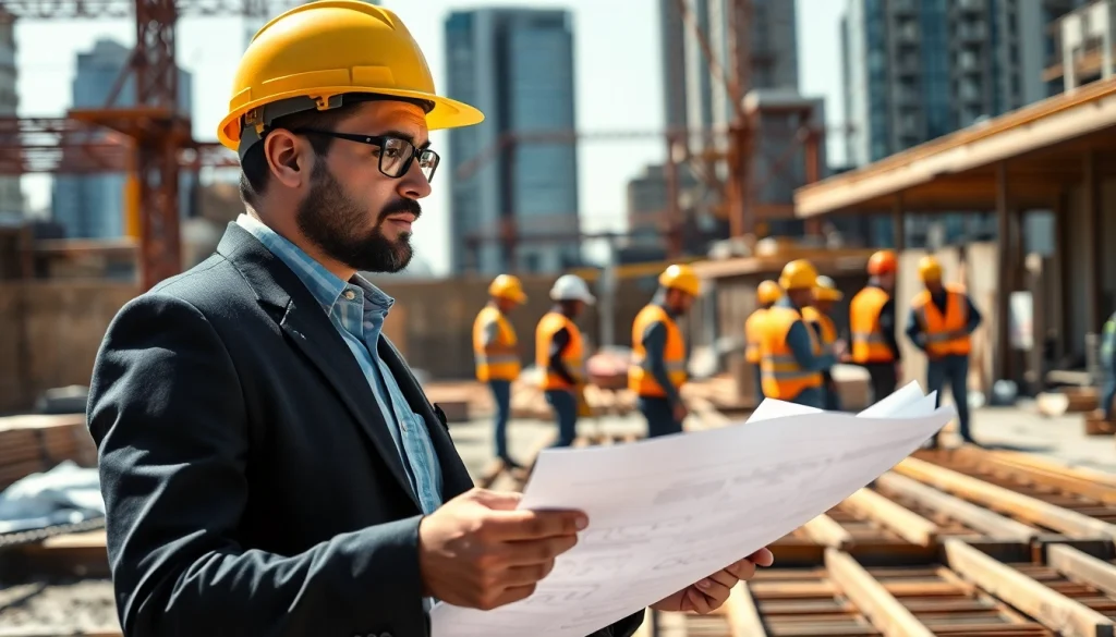 Manhattan Construction Manager monitoring a construction site with blueprints and a focused expression.