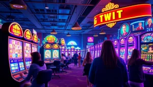 Situs kode4d vibrant online gaming scene with colorful slot machines and engaged players