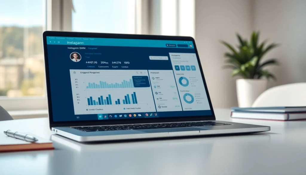 Engaging visual of an Instagram smm panel on a laptop showcasing analytics in a modern setting.