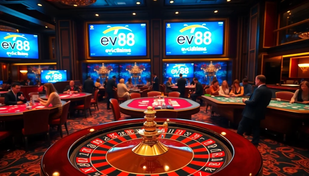 Join the excitement at ev88.claims with players enjoying vibrant casino games and roulette wheels.