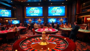 Join the excitement at ev88.claims with players enjoying vibrant casino games and roulette wheels.