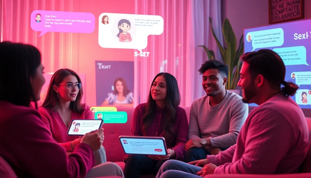 Engaging conversation with sex chat AI in a cozy virtual chatroom setting, showcasing digital dialogues and playful characters.