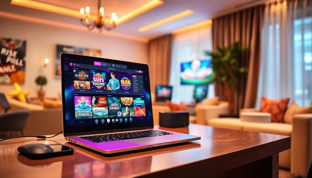 Engaging online casino California scene with a modern gaming setup highlighting a laptop and vibrant games.