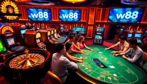 Engaged gamblers enjoying games at an upscale casino featuring the w88 link prominently.