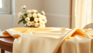 Satijn omarmt een houten tafel in een zacht verlichte kamer, benadrukt de glanzende textuur.