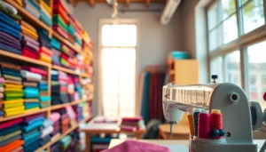 Stoffenwinkel met kleurrijke stoffen en een creatieve sfeer voor naai- en stoffentekeningen.