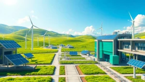 Dogecoin cloud mining profit depicted in a futuristic renewable energy mining facility.