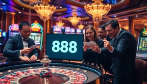 Experience excitement at BJ 888's vibrant casino with players engaging in thrilling games.