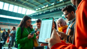 Engaged bettors using online sportsbooks Texas on their devices in a vibrant sports arena.