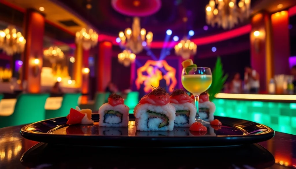 Dinner sxm at Club Noir showcasing elegant body sushi and cocktails in a vibrant nightlife setting.