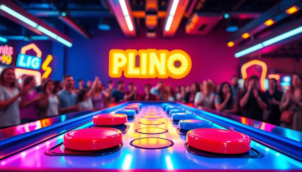 Mencoba plinko demo dengan disk berwarna cerah dalam suasana arcade yang meriah.