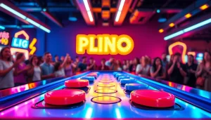 Mencoba plinko demo dengan disk berwarna cerah dalam suasana arcade yang meriah.