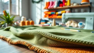 Bouclé stof op een creatieve werkplek met kleurrijke garen.