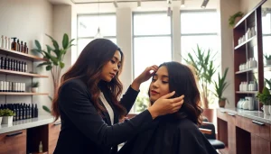 Stylish salon offering perm san diego services with a professional stylist and relaxed client.