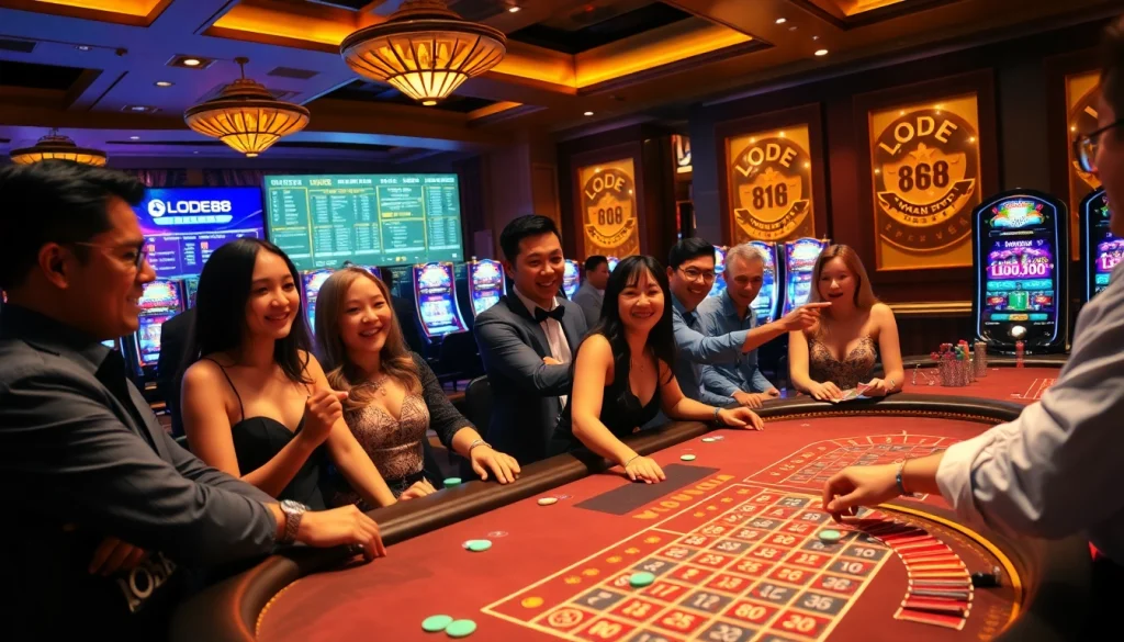 Players enjoying the excitement of LODE88 at a vibrant online gambling table with cards and chips.