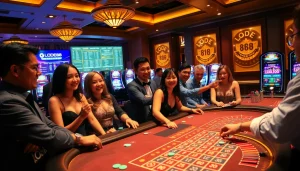 Players enjoying the excitement of LODE88 at a vibrant online gambling table with cards and chips.