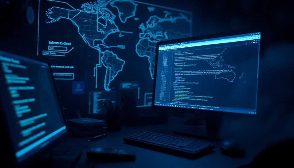 hidden wiki 2026 represented through a mysterious dark web workspace showcasing screens filled with .onion links and tech gadgets.