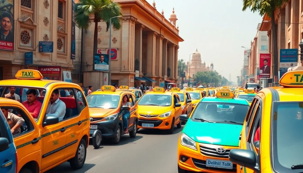 Delhi Taxi Service with vibrant cabs in a busy urban setting, showcasing reliable and friendly transport.