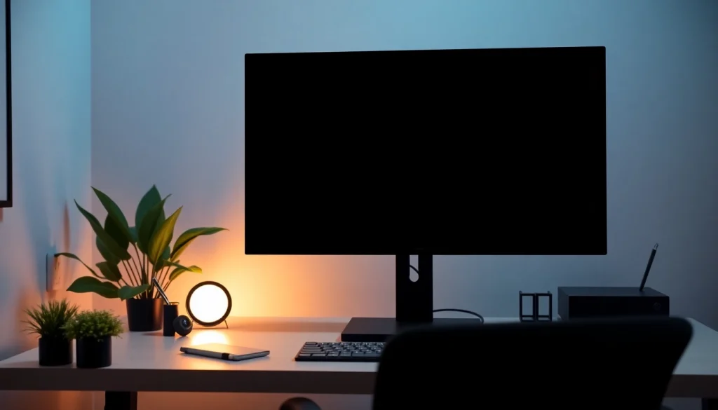 A professional workspace with a black screen on a monitor, promoting focus and reducing eye strain.