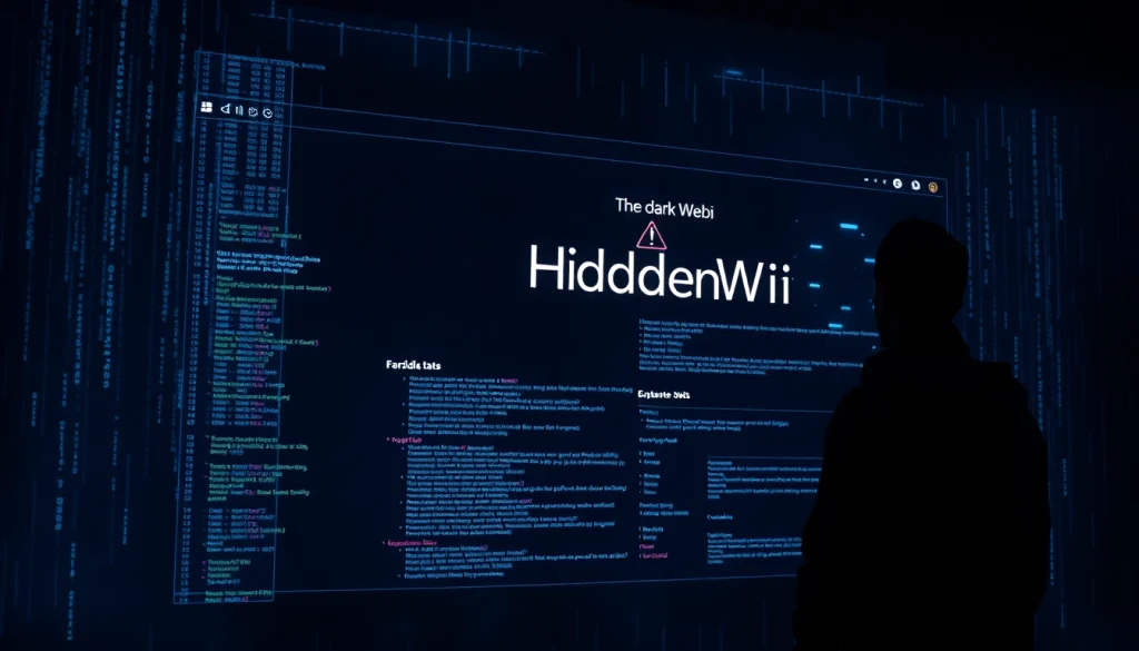 The hidden wiki dark web illustrated as a mysterious interface with digital code and a shadowy figure in a dark ambiance.