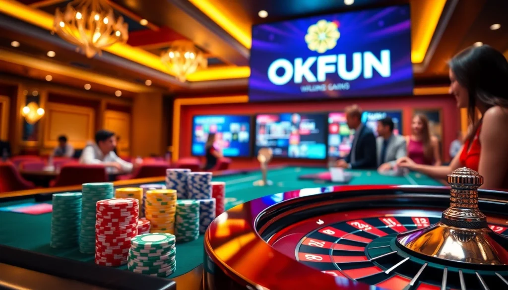 Exciting casino action featuring the OKFUN logo at a vibrant gambling table.
