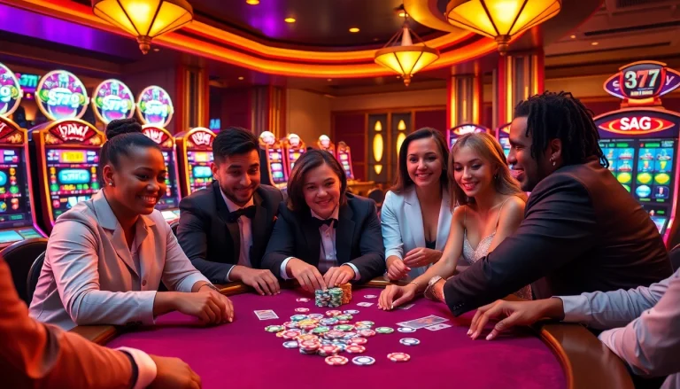 Trò chơi poker đầy phấn khởi với ứng dụng CG 79, trình diễn những lá bài và chip đầy màu sắc trong một casino sang trọng.