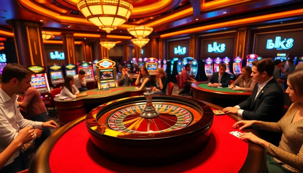 Experience the thrill at BK8 เว็บตรง with players enjoying roulette and card games in a luxurious casino.