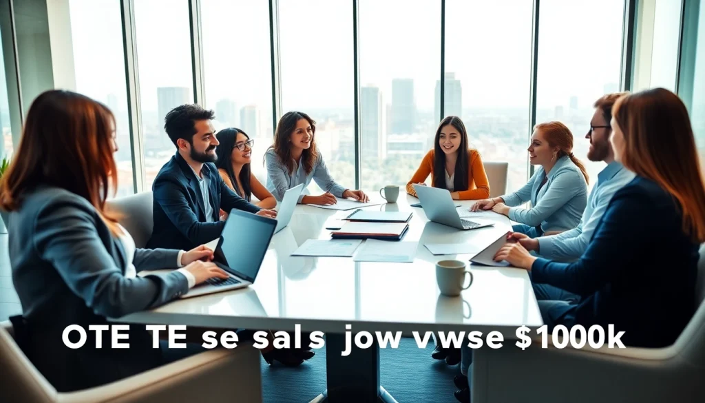 Engaging team discussing OTE sales jobs over $100k strategies in a modern office.