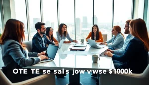 Engaging team discussing OTE sales jobs over $100k strategies in a modern office.