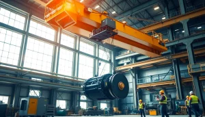 Double girder bridge crane lifting heavy equipment in an industrial setting, showcasing efficiency and reliability.