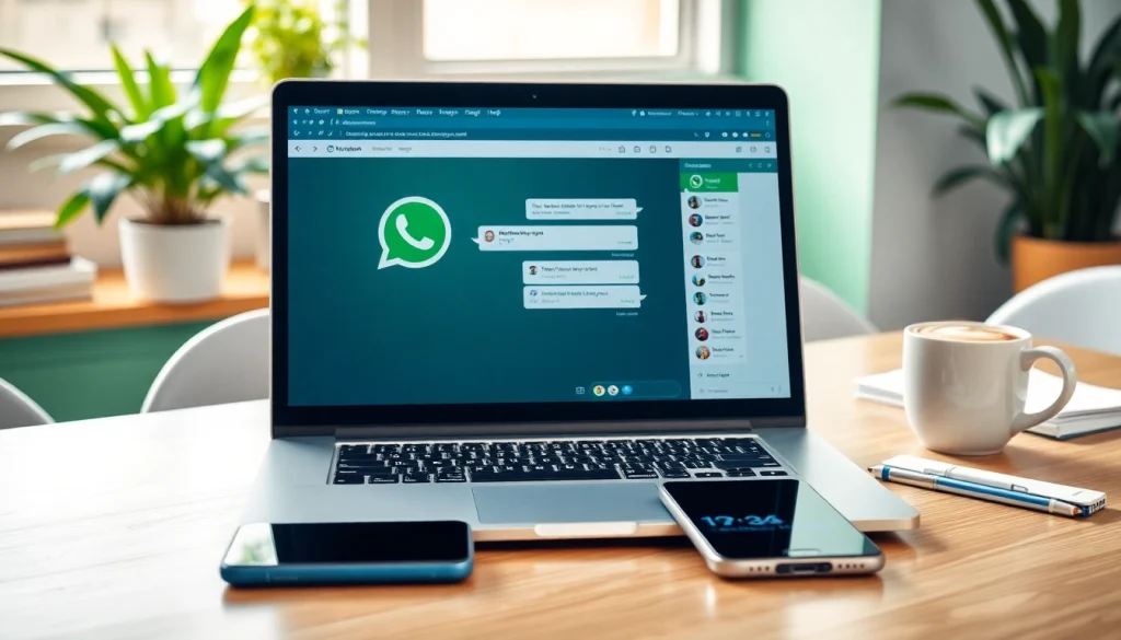 在现代工作区笔记本上显示消息的 WhatsApp Web 界面，强调无缝沟通。