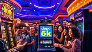 Players celebrate a winning moment at a slot machine with a depo 5k minimum deposit.