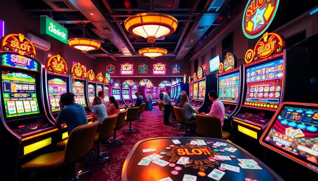Menggambarkan permainan slot depo 1k yang enerjik dengan mesin slot berwarna-warni dan pemain yang antusias.
