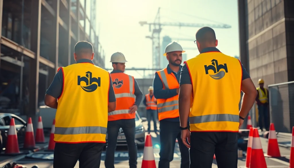 Atsvaitinė liemenė su logotipu, pavaizduota statybos aikštelėje su ryškiu prekės ženklo įvaizdžiu ir atspindinčia saugos apranga.