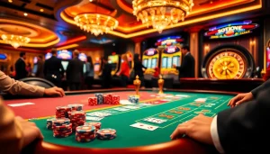 Sbobet online gambling session with vibrant poker chips and engaging players around a gaming table.