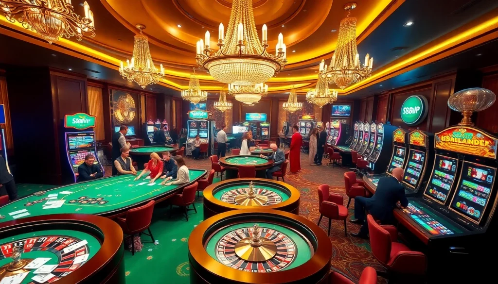 S88vip patrons enjoying an upscale casino atmosphere with vibrant gaming tables and slot machines.