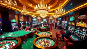 S88vip patrons enjoying an upscale casino atmosphere with vibrant gaming tables and slot machines.