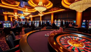Engaged players at a luxurious Luckywin casino table, showcasing vibrant poker chips and roulette wheel.