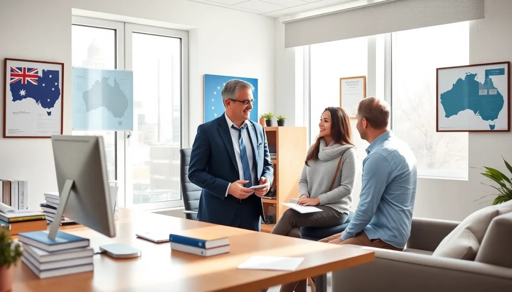 Australia migration agent providing consultation to a diverse couple in a professional office setting.