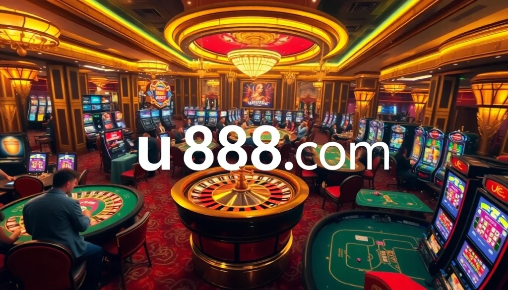 Players enjoying various games at u888 com's luxurious casino environment with roulette and poker