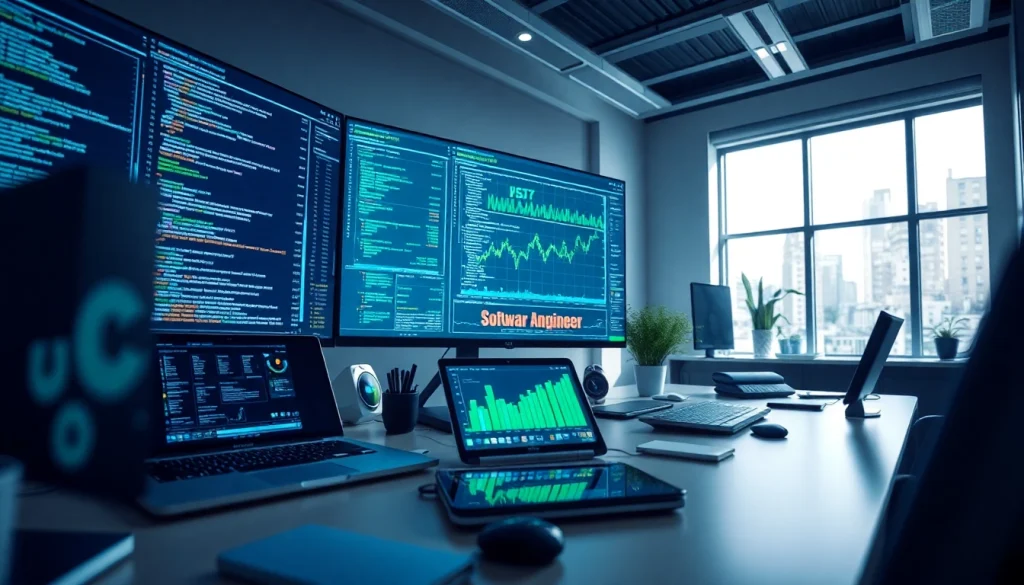 Innovative software engineering workspace showcasing coding and finance charts.