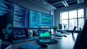 Innovative software engineering workspace showcasing coding and finance charts.