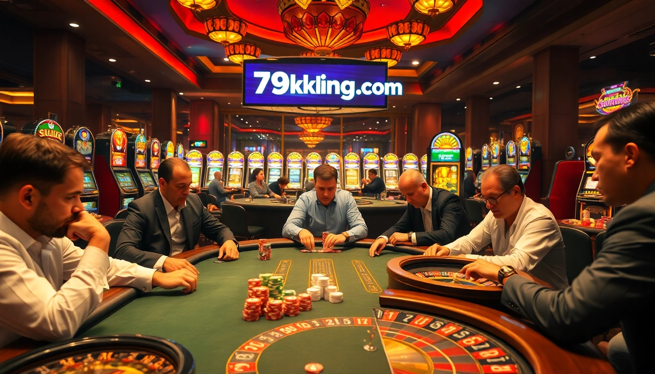 A professional poker game scene showcasing intense players and vibrant casino elements, emphasizing 79king com gaming excitement.