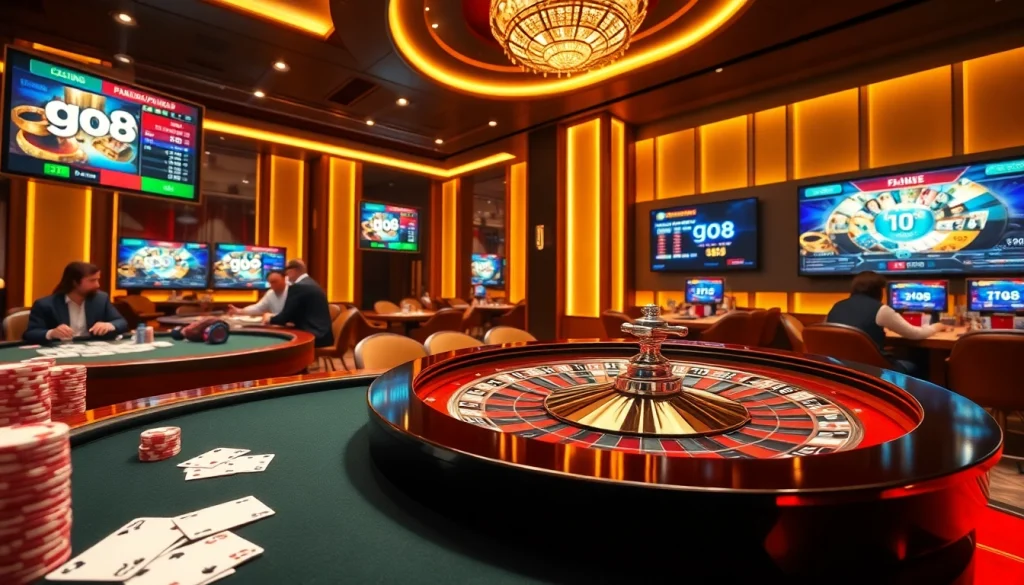 Experience thrilling gameplay on go88 with casino tables, cards, and vibrant roulette wheels.