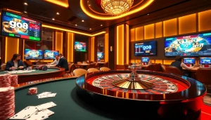 Experience thrilling gameplay on go88 with casino tables, cards, and vibrant roulette wheels.