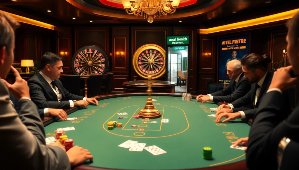 Players engaging in a high-stakes poker game while discreetly discussing Anal fissure treatment in a luxurious casino setting.