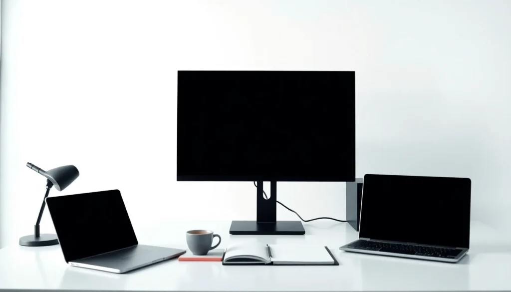 Black screen on a modern monitor in a minimalist workspace for reducing distractions and eye strain.