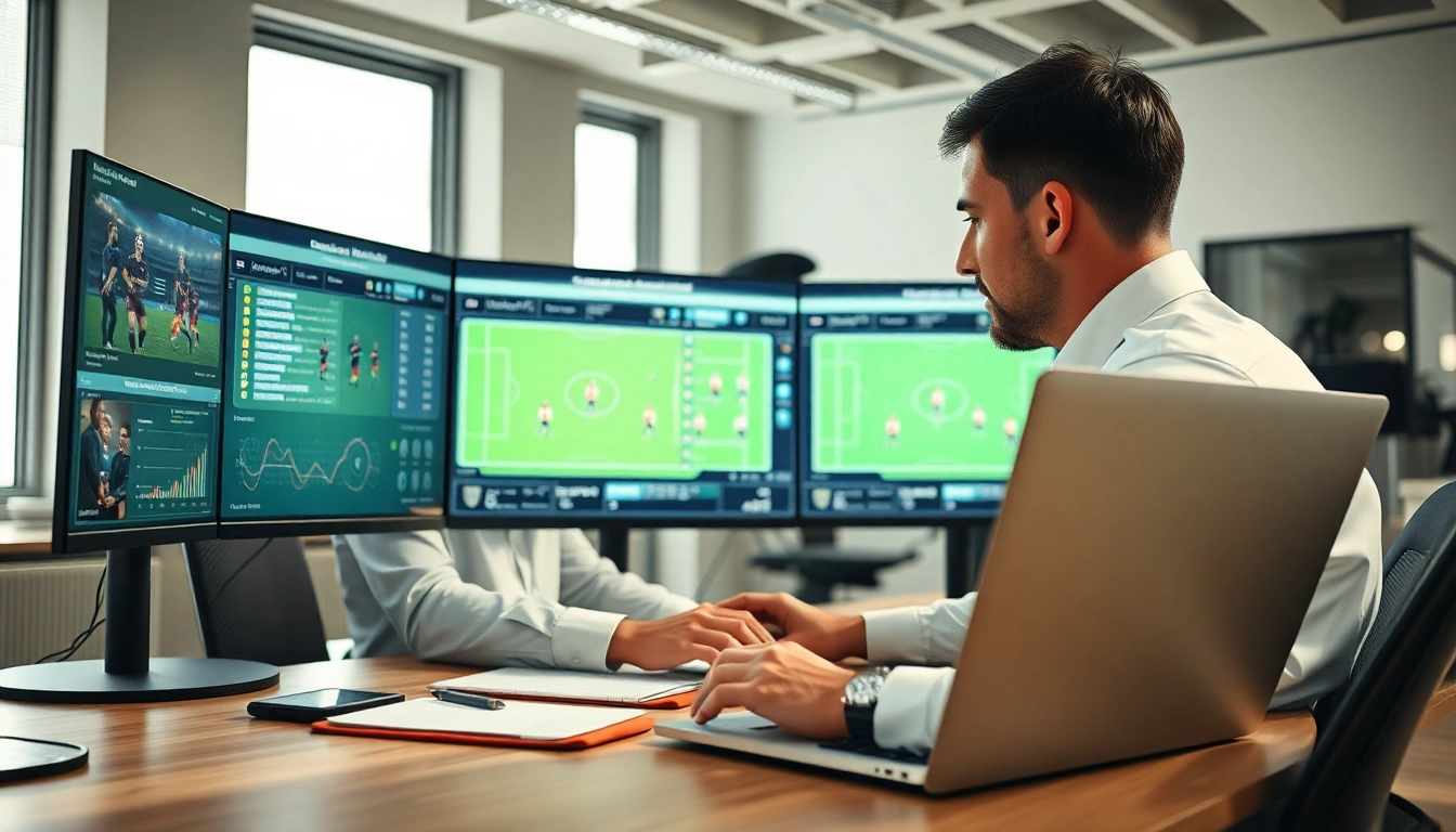 Analyze ทีเด็ดบอล statistics with professional soccer analyst in a modern office.