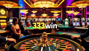 Gamblers placing bets at the luxurious 33win casino, featuring vibrant roulette and slot machines.