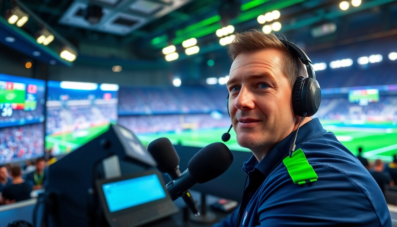 Engaging scene of sports broadcasting featuring an announcer with dynamic screens highlighting live sports events.